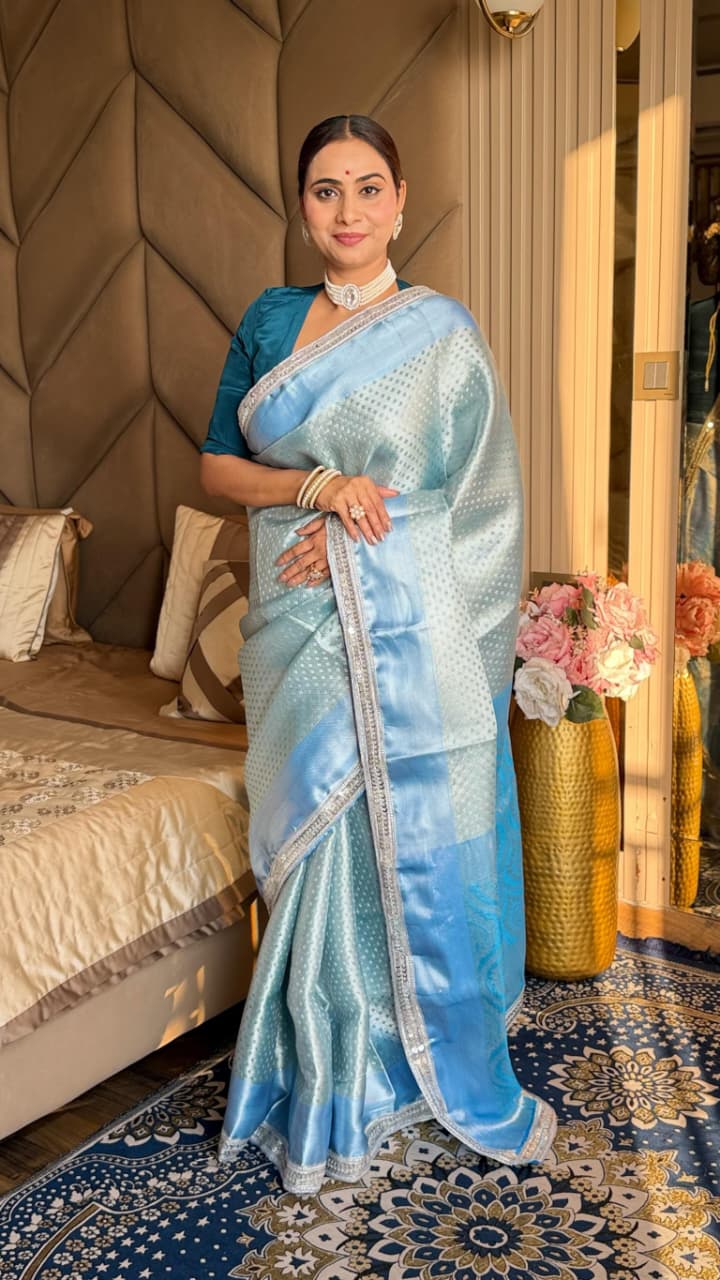 Sky Blue Silk Saree with Silver Zari Check Weaving | Premium Banarasi Tissue Saree