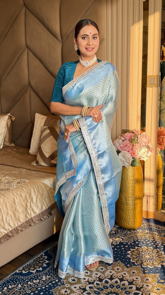 Sky Blue Silk Saree with Silver Zari Check Weaving | Premium Banarasi Tissue Saree