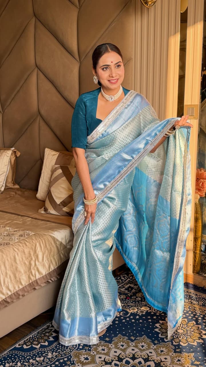 Sky Blue Silk Saree with Silver Zari Check Weaving | Premium Banarasi Tissue Saree