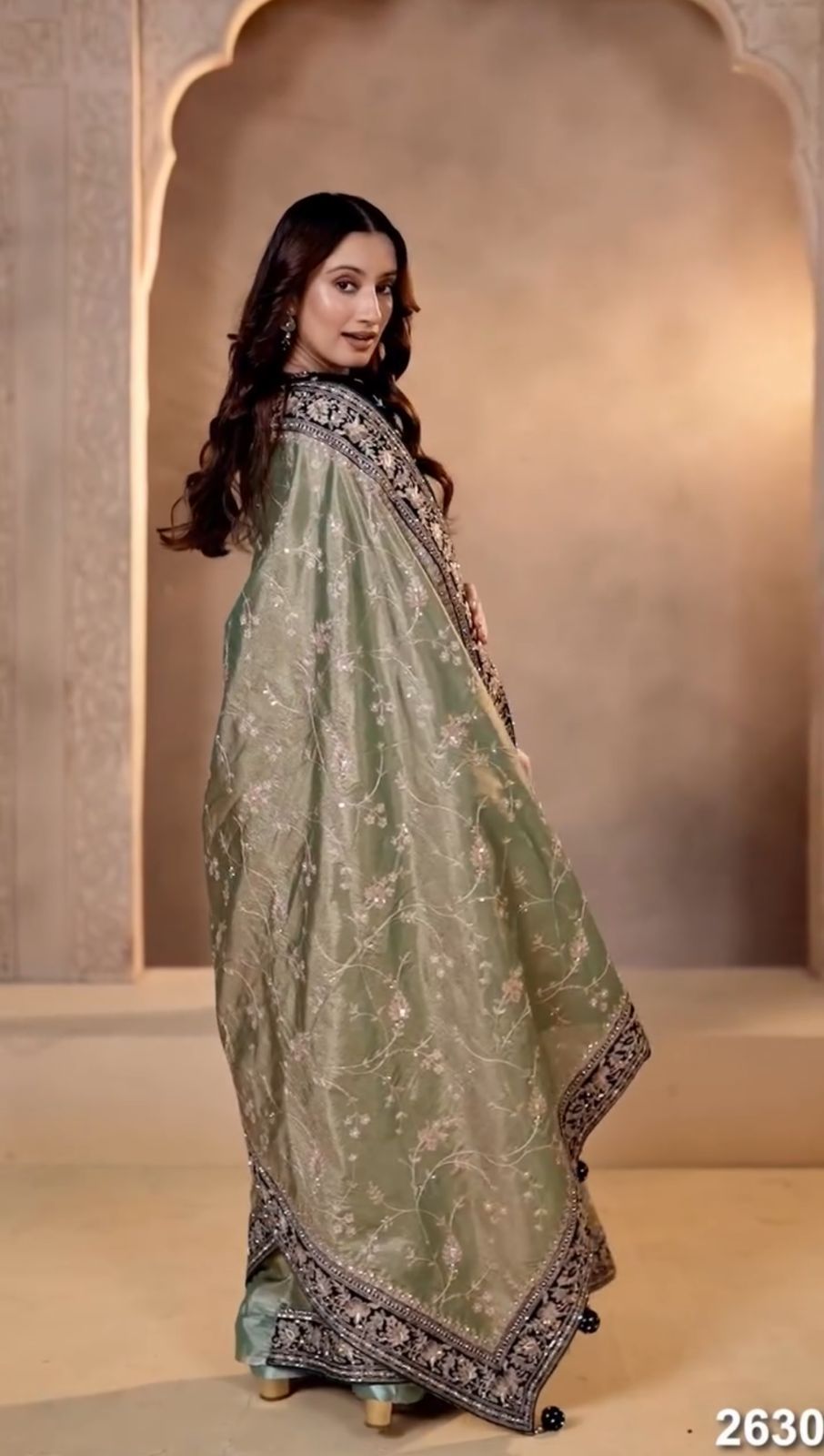 Pure Moss Chiffon Saree with All Over Embroidery & Velvet Blouse | Designer Party Wear