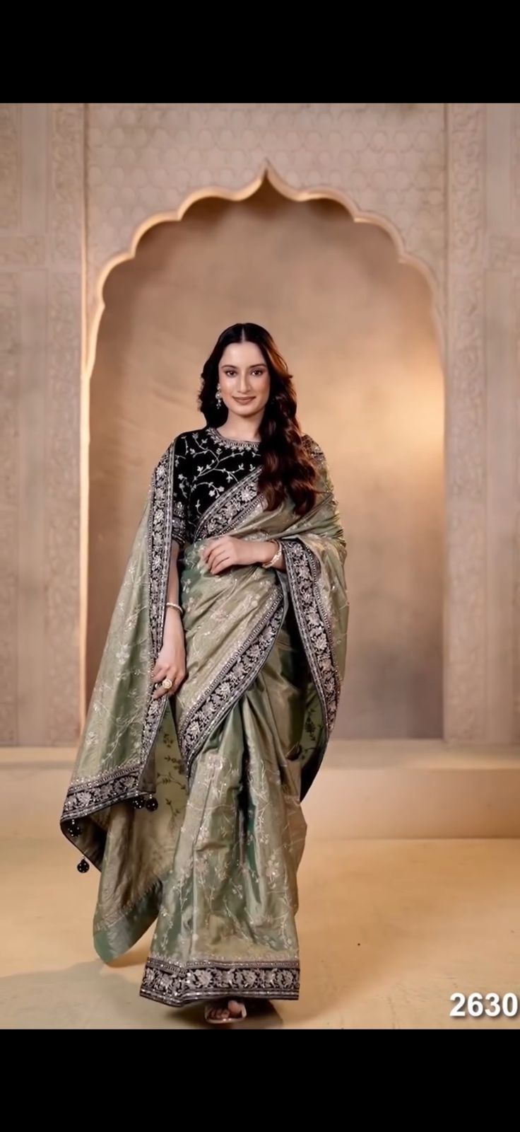 Pure Moss Chiffon Saree with All Over Embroidery & Velvet Blouse | Designer Party Wear