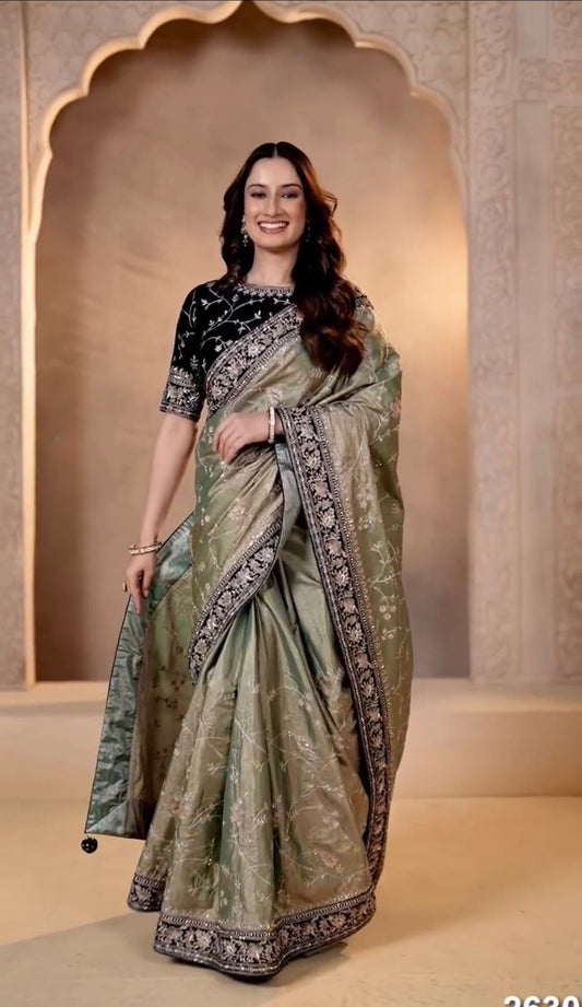 Pure Moss Chiffon Saree with All Over Embroidery & Velvet Blouse | Designer Party Wear