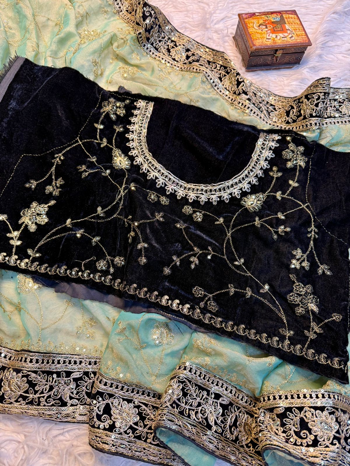 Pure Moss Chiffon Saree with All Over Embroidery & Velvet Blouse | Designer Party Wear