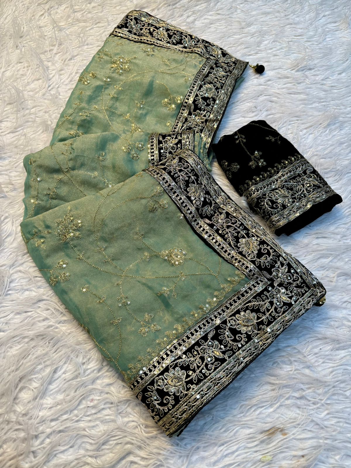 Pure Moss Chiffon Saree with All Over Embroidery & Velvet Blouse | Designer Party Wear