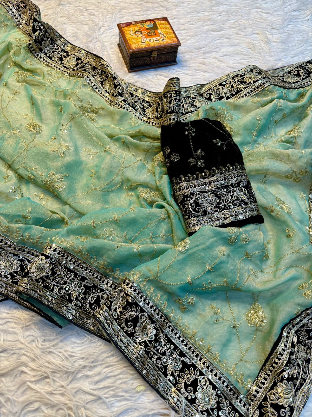 Pure Moss Chiffon Saree with All Over Embroidery & Velvet Blouse | Designer Party Wear