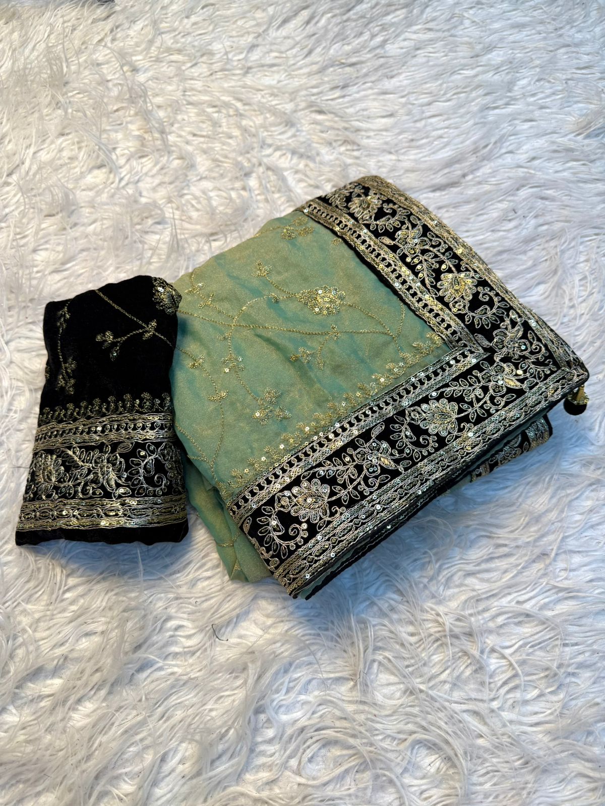 Pure Moss Chiffon Saree with All Over Embroidery & Velvet Blouse | Designer Party Wear
