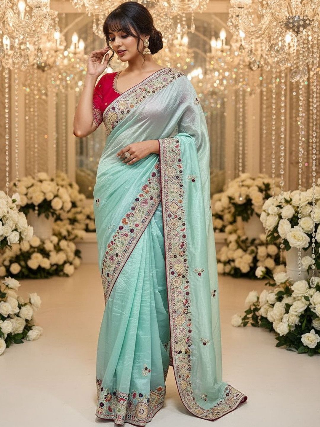 Premium Gold Crush Sequin Embroidery Saree with Contrast Blouse – Elegant Occasion Wear