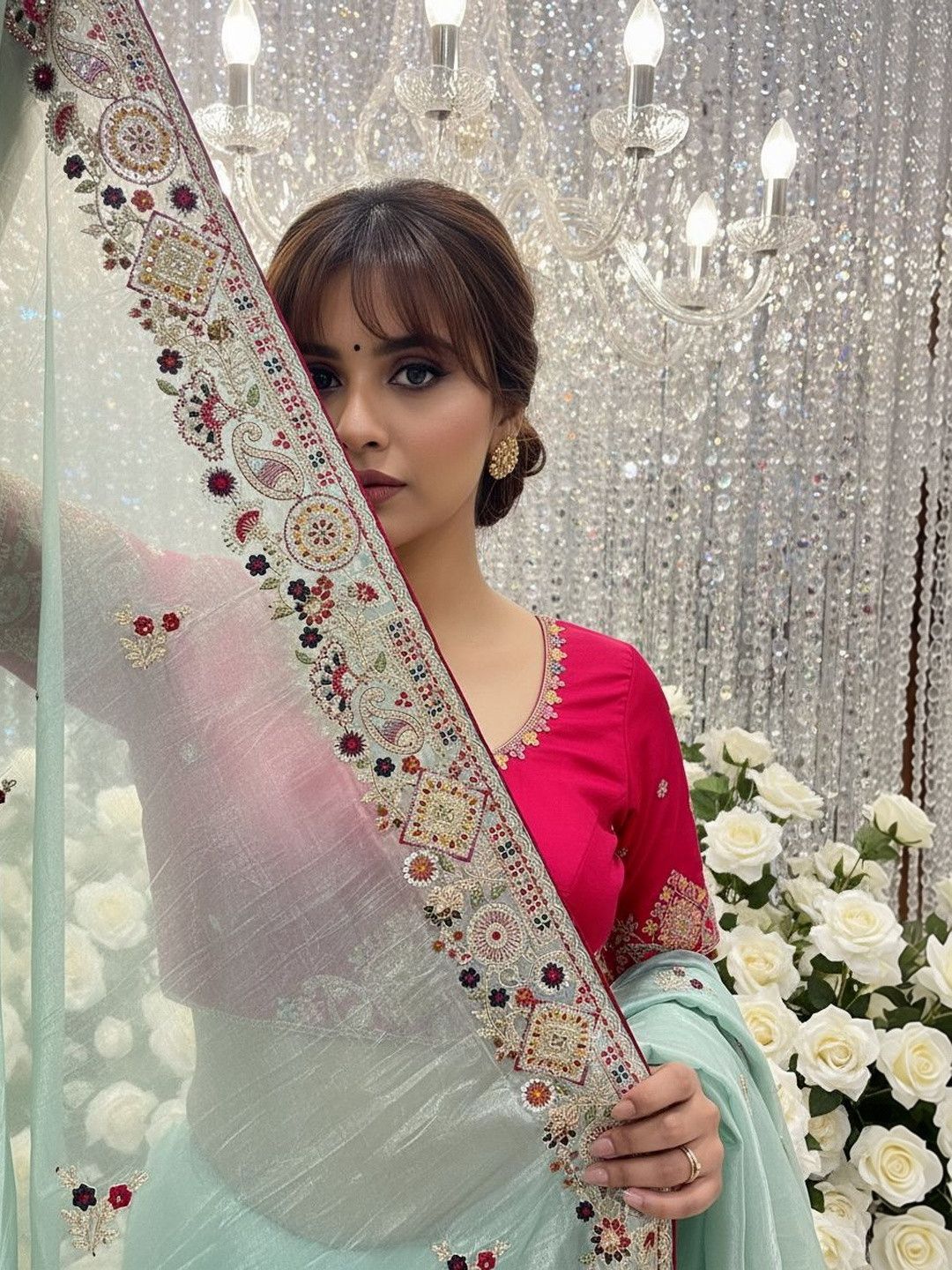 Premium Gold Crush Sequin Embroidery Saree with Contrast Blouse – Elegant Occasion Wear