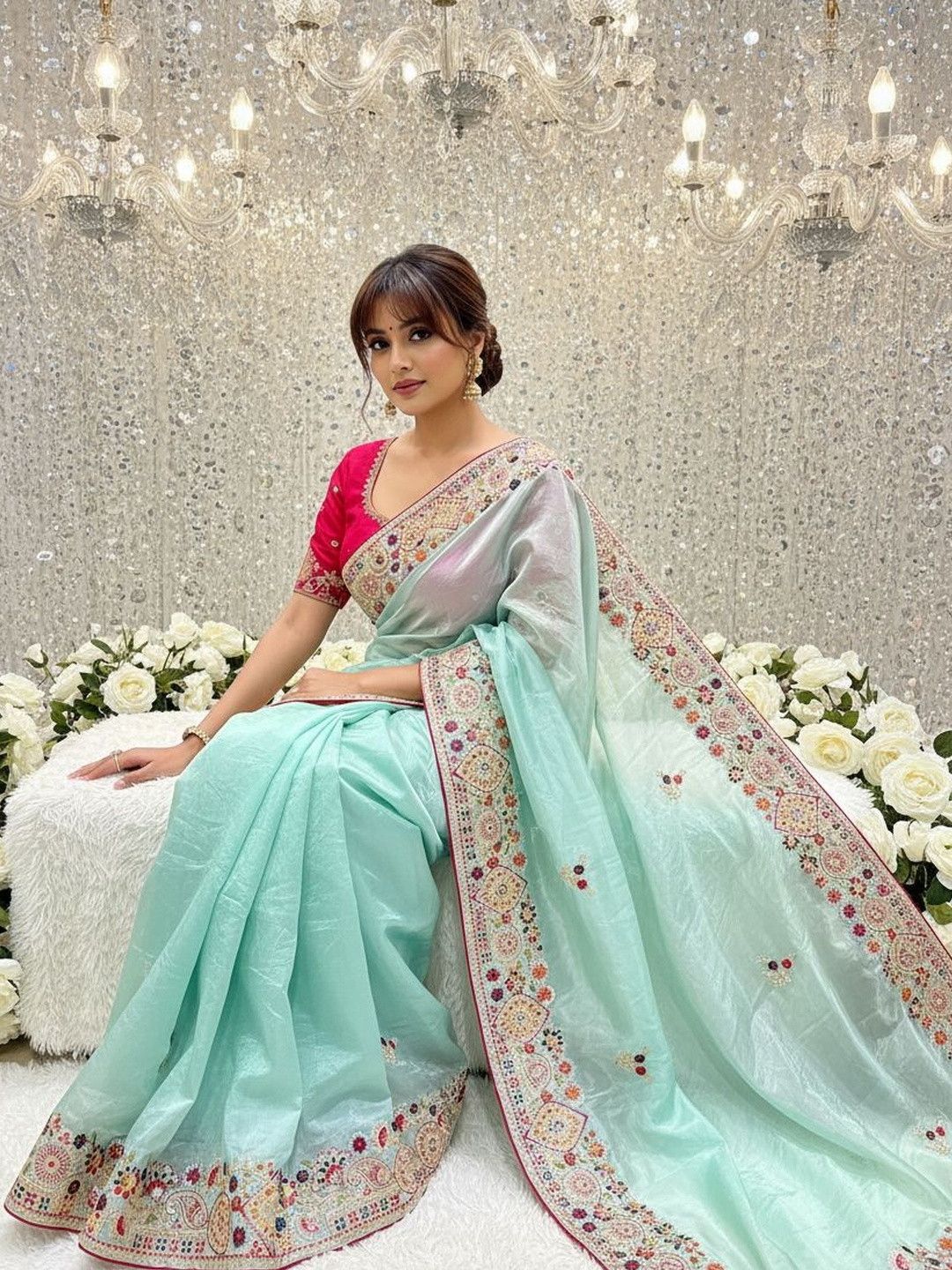 Premium Gold Crush Sequin Embroidery Saree with Contrast Blouse – Elegant Occasion Wear