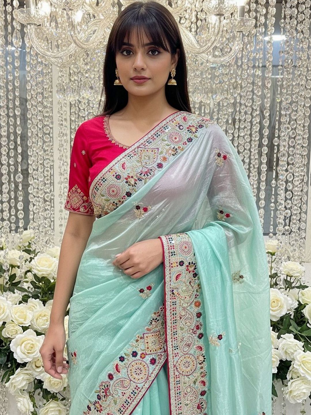 Premium Gold Crush Sequin Embroidery Saree with Contrast Blouse – Elegant Occasion Wear