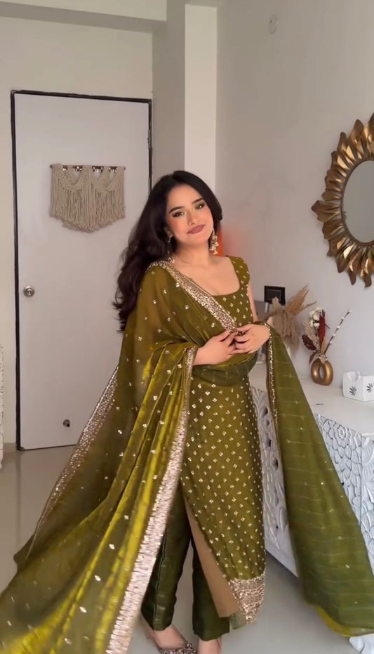 Premium Fendy Silk Embroidery Sequence Suit Set | Ready to Wear Ethnic Outfit for Women