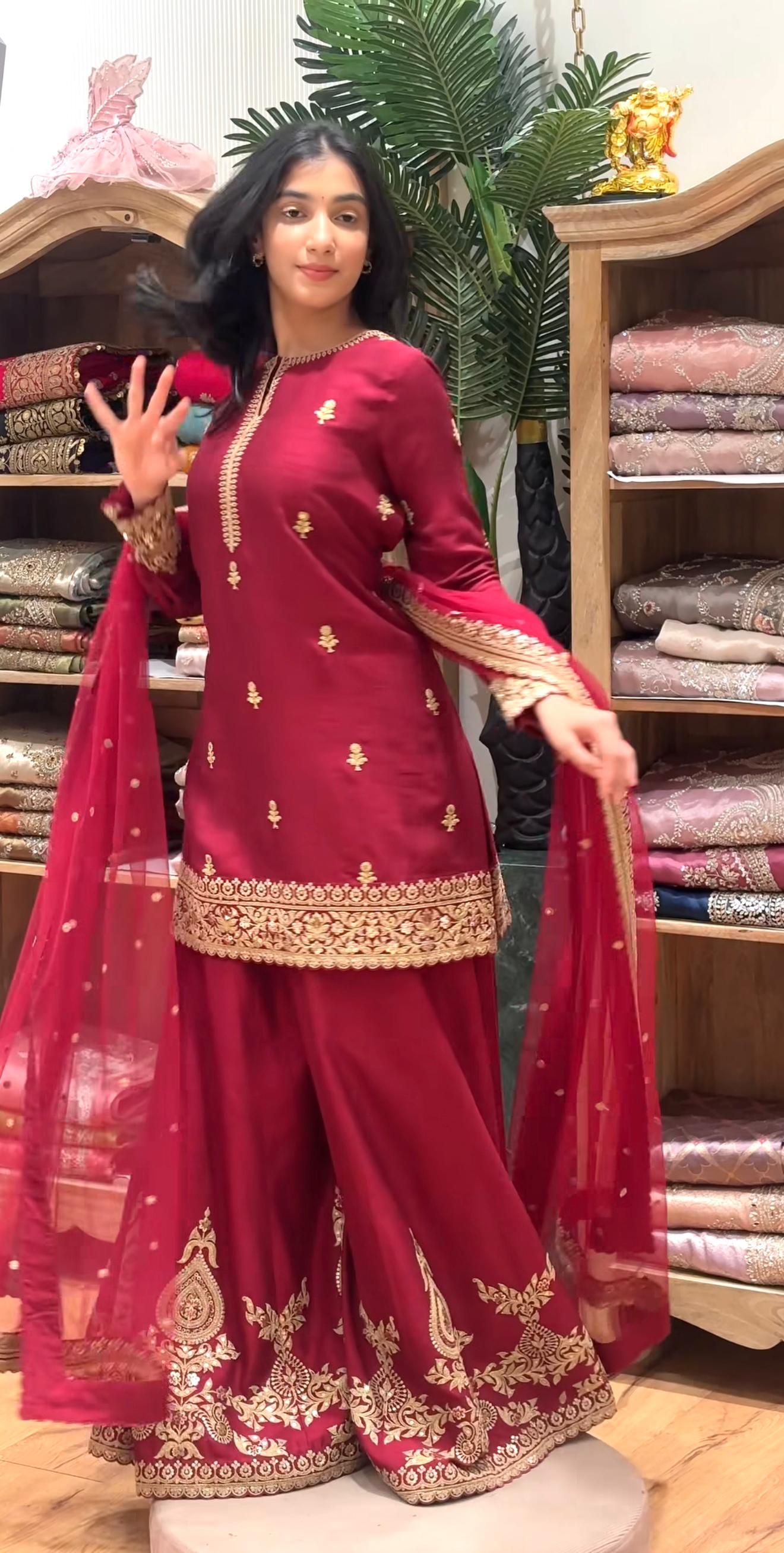 Premium Embroidered Sharara Palazzo Set | Heavy Crepe Silk with Fancy Border Dupatta