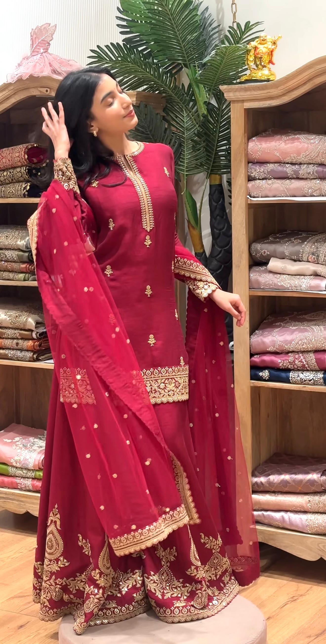 Premium Embroidered Sharara Palazzo Set | Heavy Crepe Silk with Fancy Border Dupatta