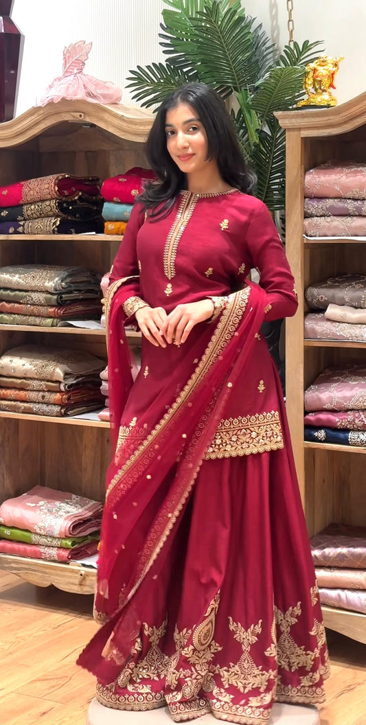 Premium Embroidered Sharara Palazzo Set | Heavy Crepe Silk with Fancy Border Dupatta