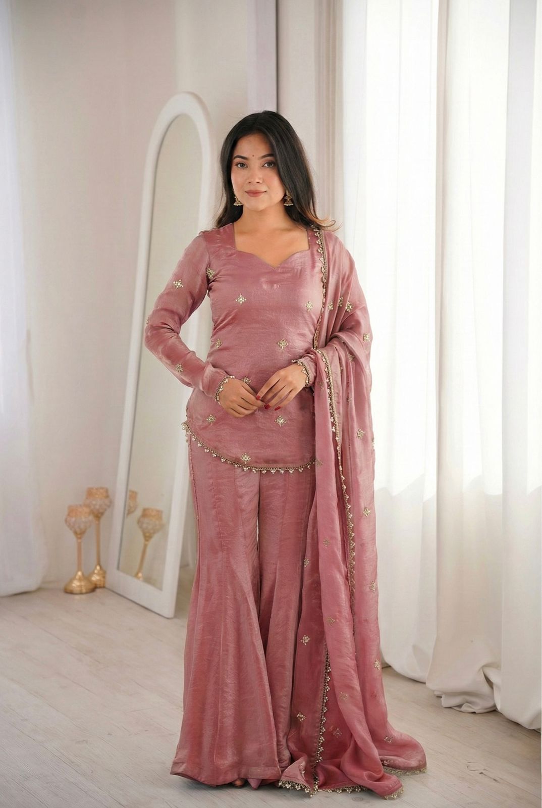 Luxury Crunchy Silk Embroidered Kurta Sharara Set with Dupatta | Premium Festive Wear