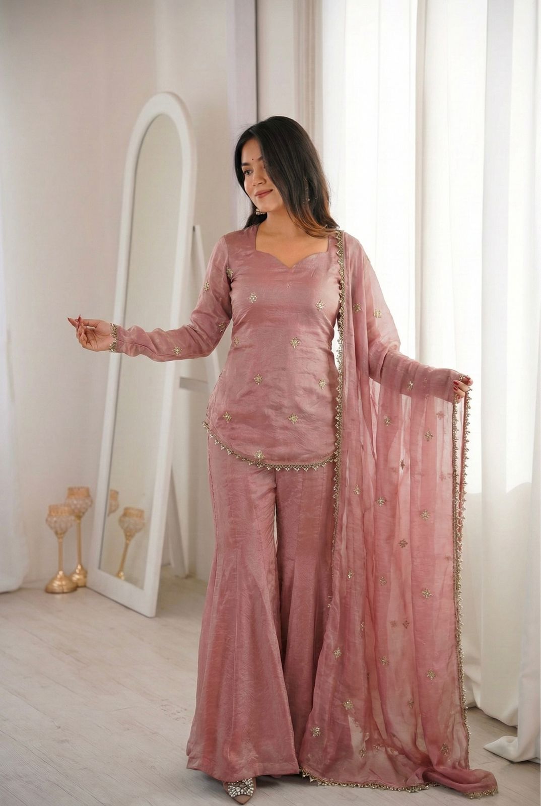 Luxury Crunchy Silk Embroidered Kurta Sharara Set with Dupatta | Premium Festive Wear
