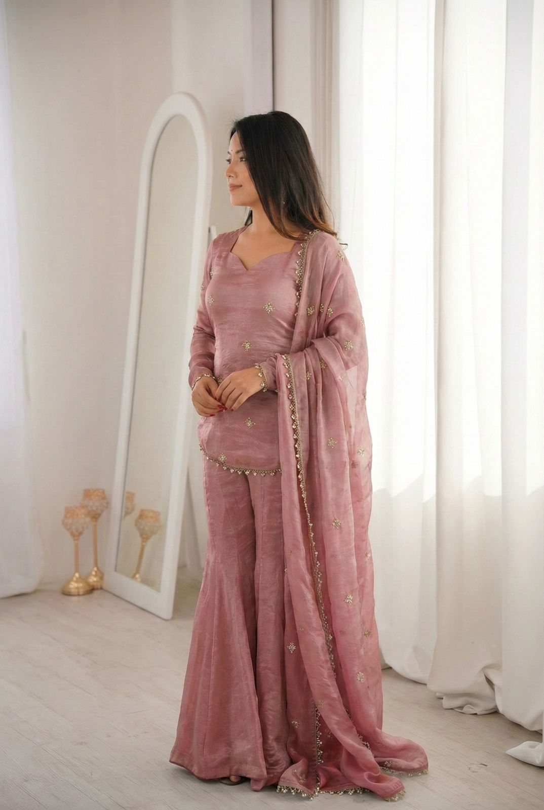 Luxury Crunchy Silk Embroidered Kurta Sharara Set with Dupatta | Premium Festive Wear