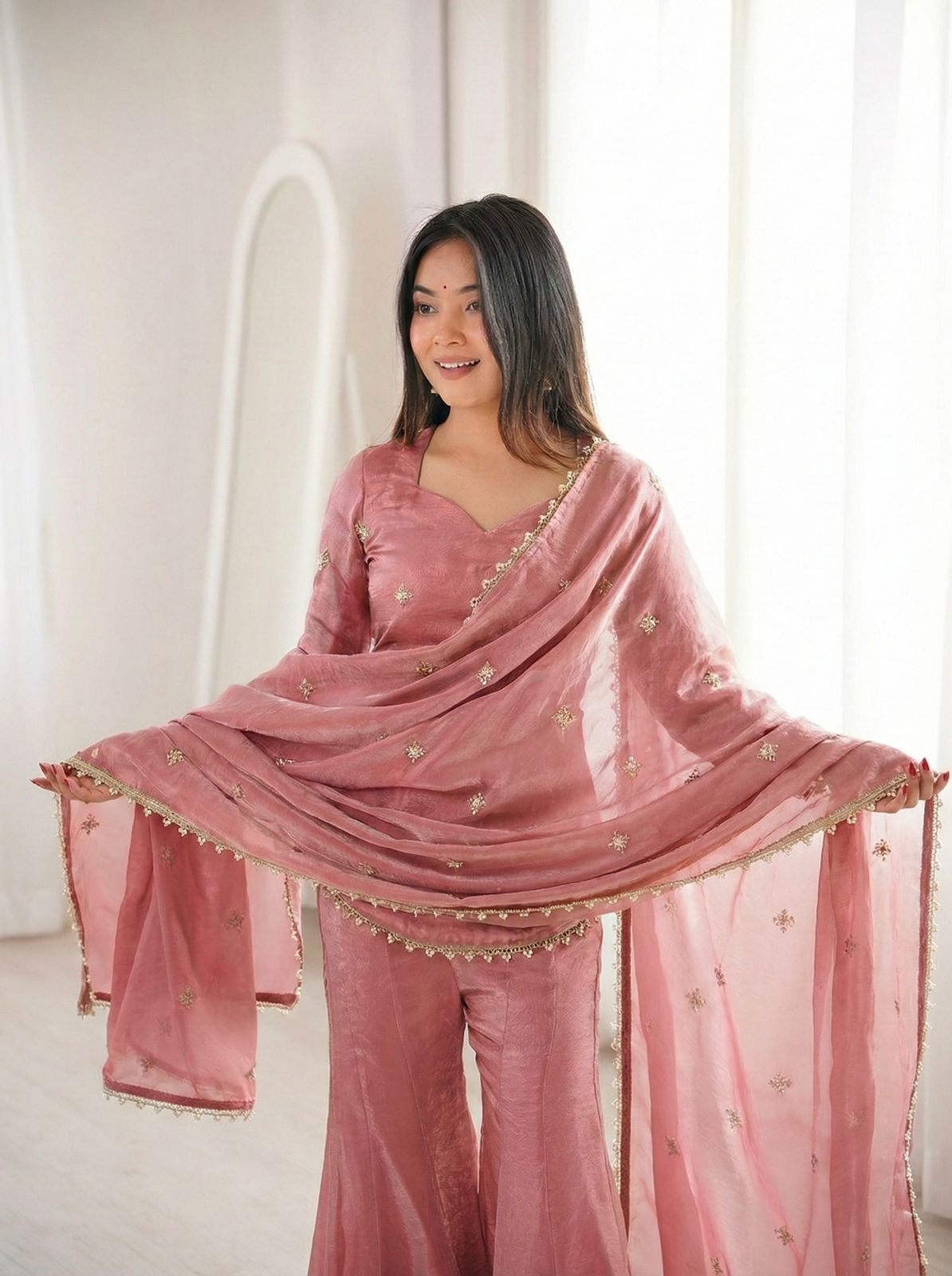 Luxury Crunchy Silk Embroidered Kurta Sharara Set with Dupatta | Premium Festive Wear