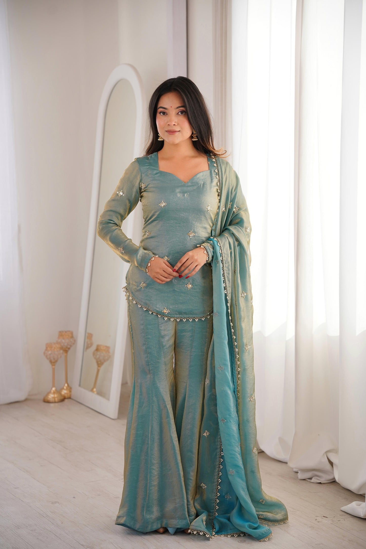 Luxury Crunchy Silk Embroidered Kurta Sharara Set with Dupatta | Premium Festive Wear
