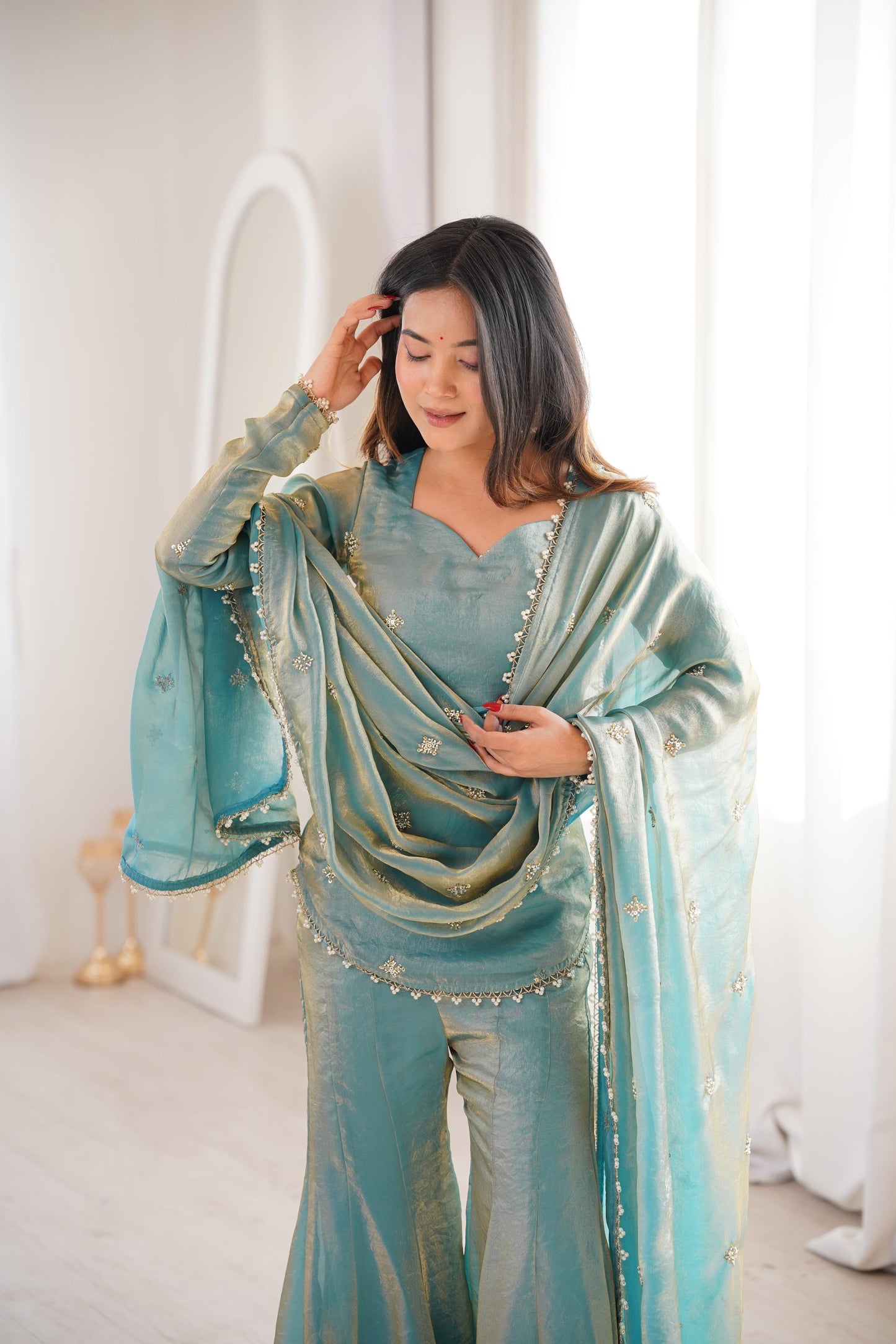 Luxury Crunchy Silk Embroidered Kurta Sharara Set with Dupatta | Premium Festive Wear