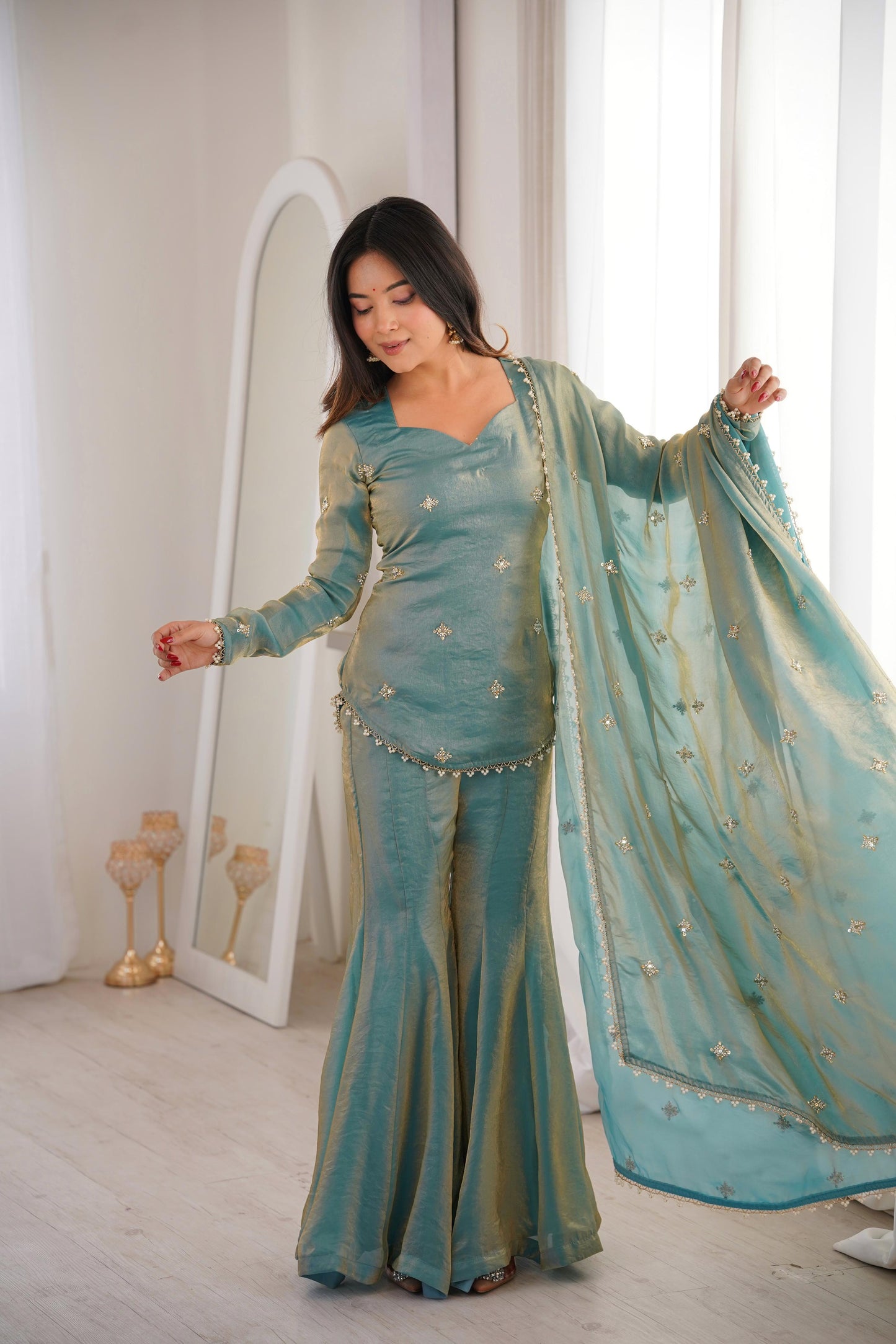 Luxury Crunchy Silk Embroidered Kurta Sharara Set with Dupatta | Premium Festive Wear