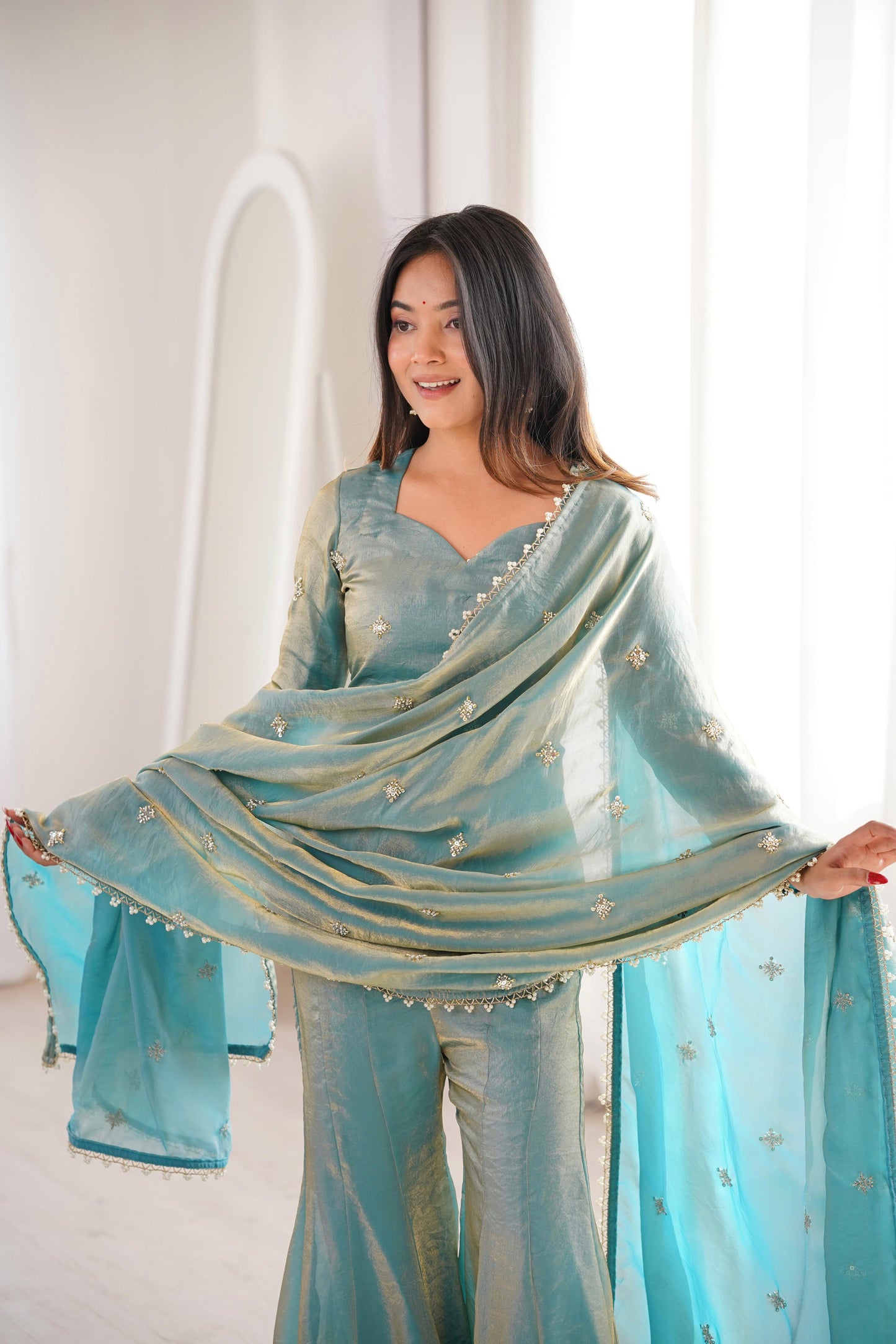 Luxury Crunchy Silk Embroidered Kurta Sharara Set with Dupatta | Premium Festive Wear