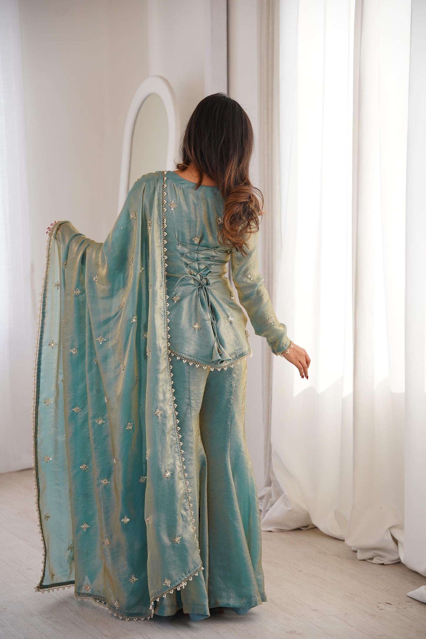 Luxury Crunchy Silk Embroidered Kurta Sharara Set with Dupatta | Premium Festive Wear