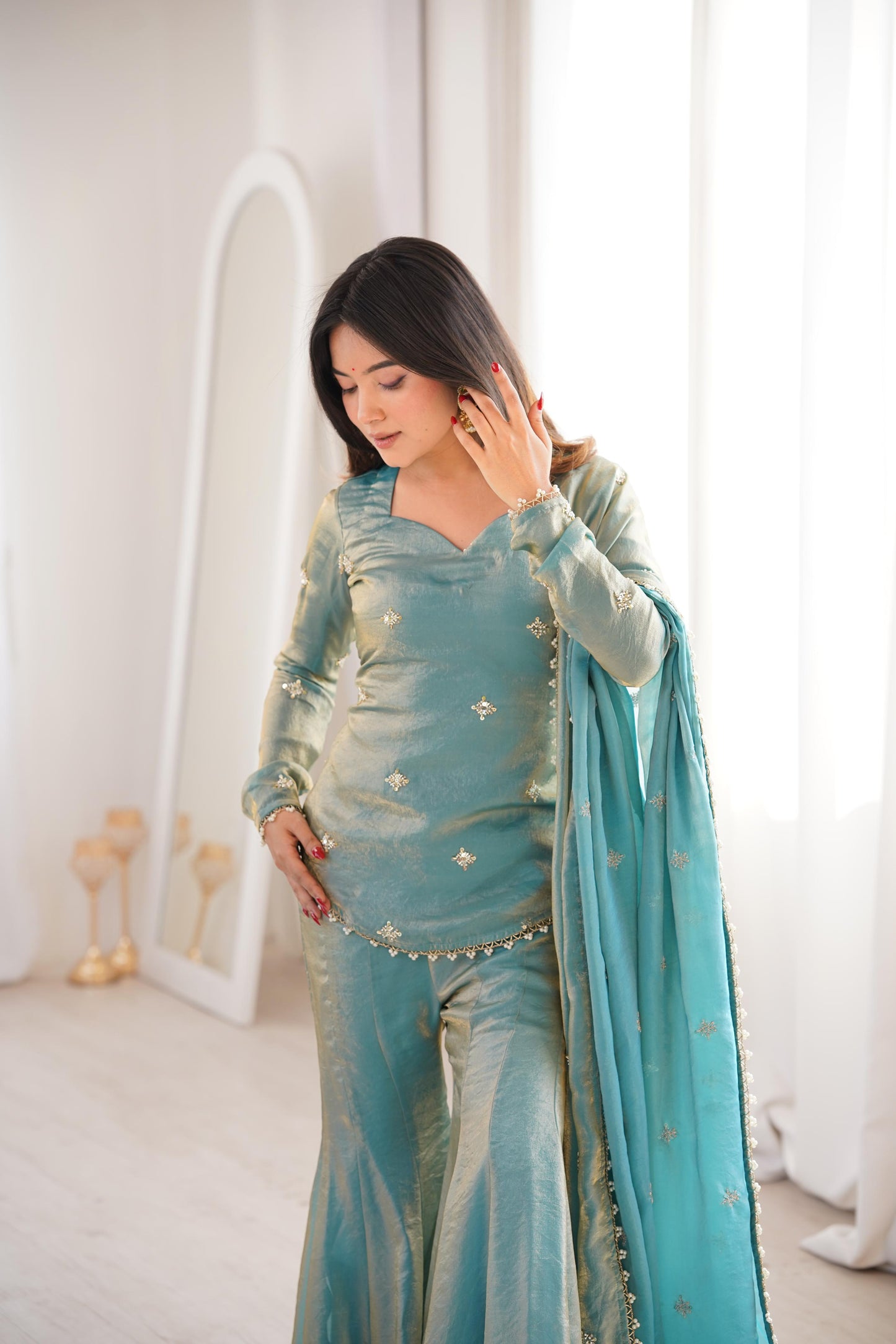 Luxury Crunchy Silk Embroidered Kurta Sharara Set with Dupatta | Premium Festive Wear