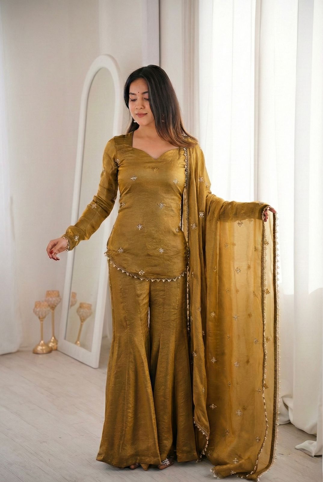 Luxury Crunchy Silk Embroidered Kurta Sharara Set with Dupatta | Premium Festive Wear