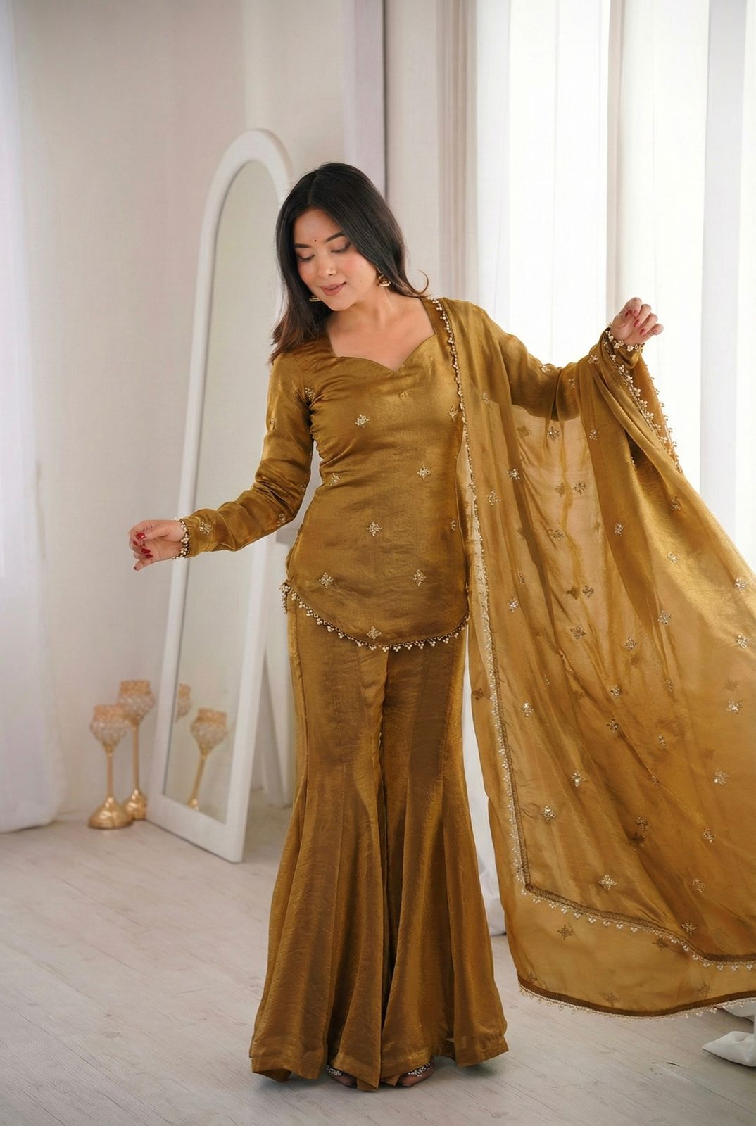 Luxury Crunchy Silk Embroidered Kurta Sharara Set with Dupatta | Premium Festive Wear