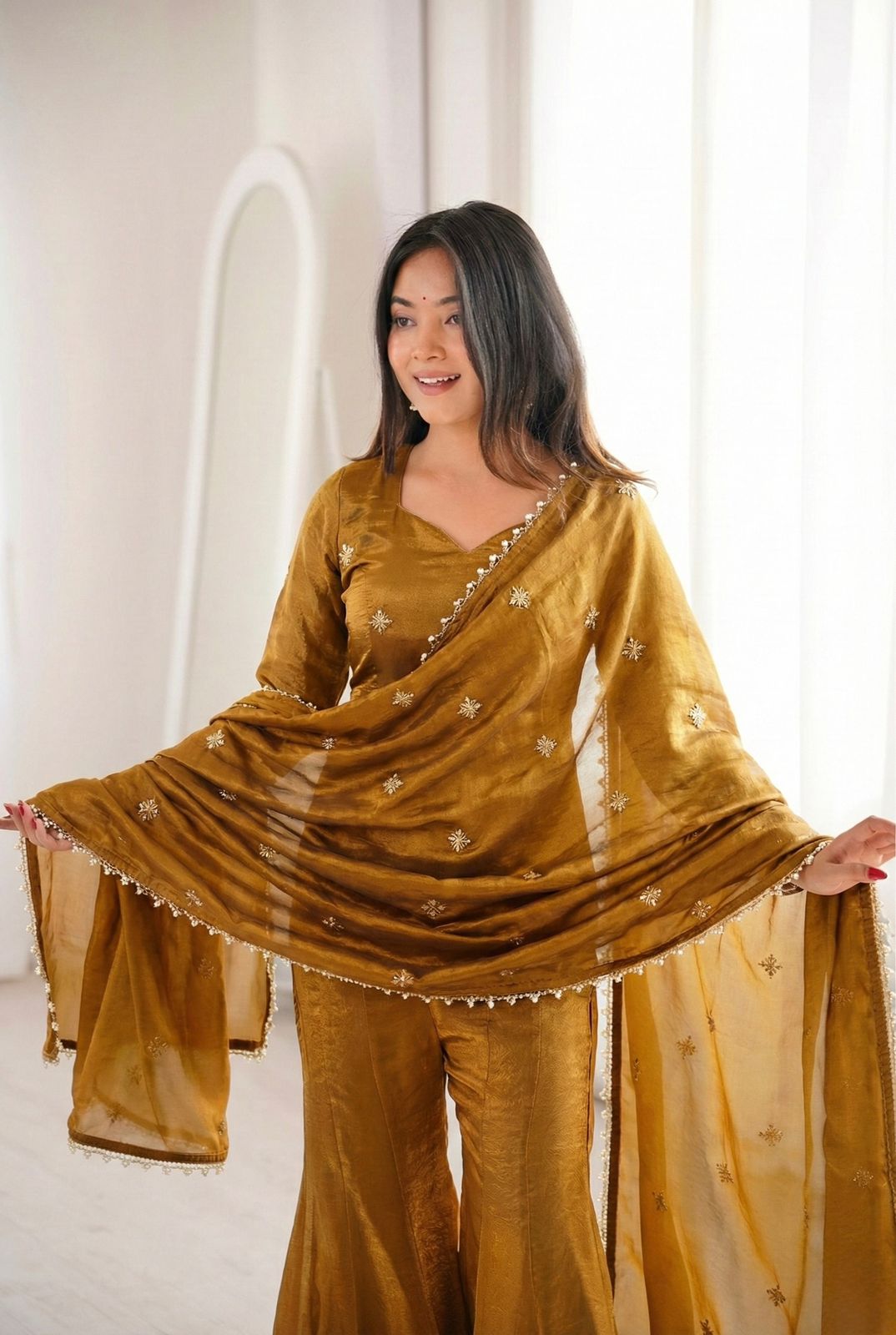 Luxury Crunchy Silk Embroidered Kurta Sharara Set with Dupatta | Premium Festive Wear