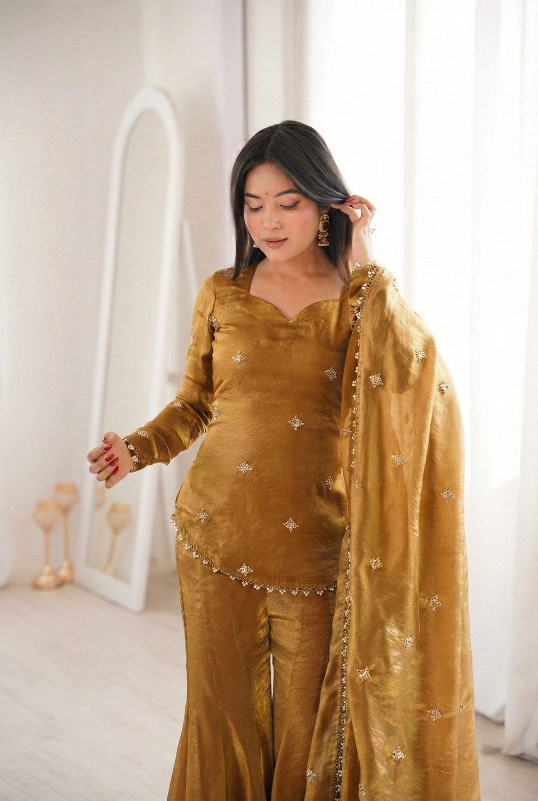 Luxury Crunchy Silk Embroidered Kurta Sharara Set with Dupatta | Premium Festive Wear