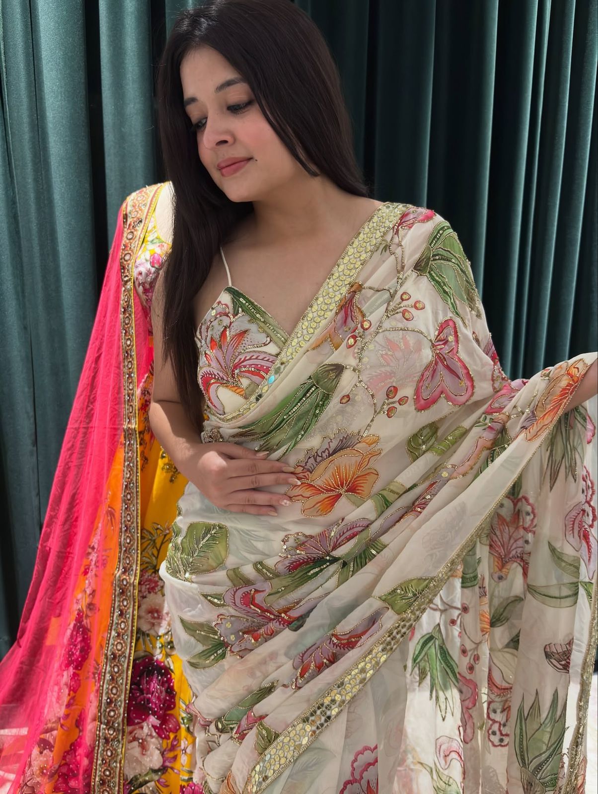 Celebrity Inspired Tebby Silk Digital Print Saree with Embroidery & Mirror Work