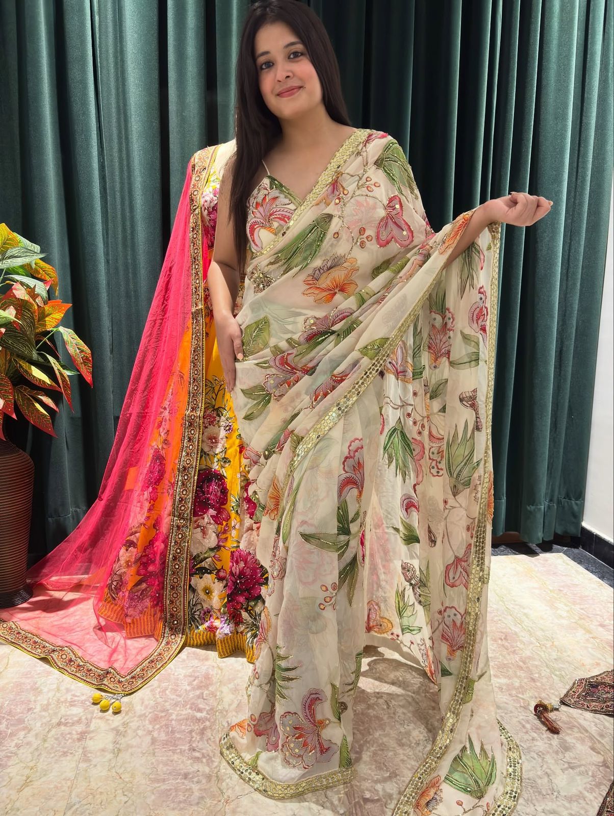 Celebrity Inspired Tebby Silk Digital Print Saree with Embroidery & Mirror Work