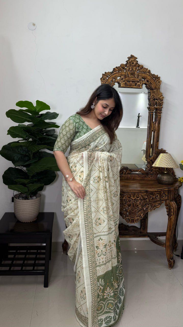 Pure Linen Cotton Saree with Digital Print & Hand Tassels