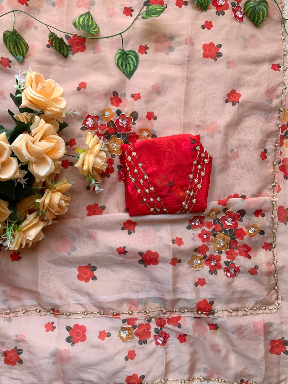 Teby Satin Floral Digital Print Saree with Khatli & Cutdana Work | Designer Party Wear Saree