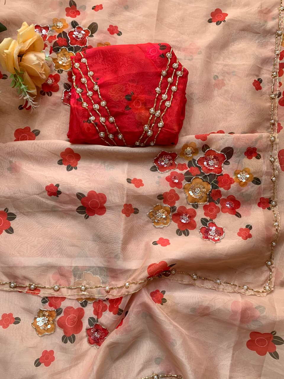 Teby Satin Floral Digital Print Saree with Khatli & Cutdana Work | Designer Party Wear Saree