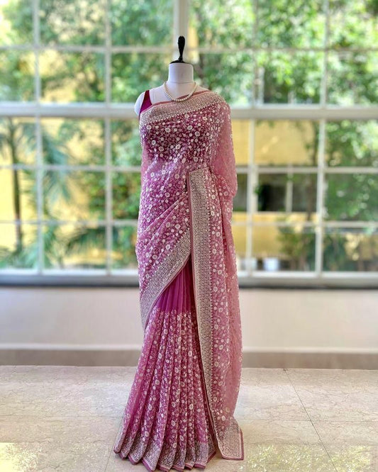 Premium Shimmer Silk Saree with Chikankari Embroidery & Sequin Work