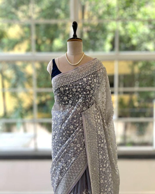 Premium Shimmer Silk Saree with Chikankari Embroidery & Sequin Work