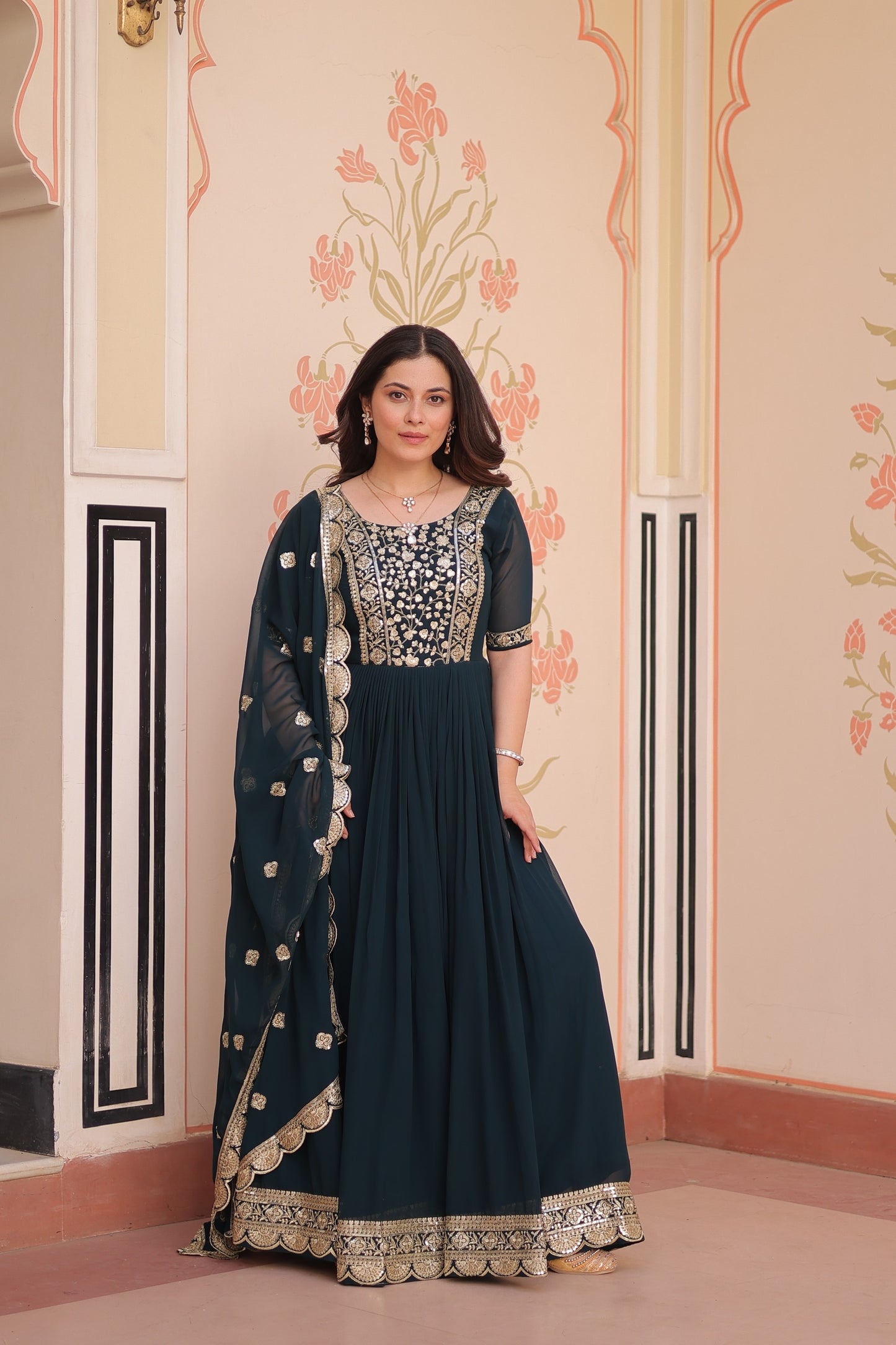 Designer Faux Blooming Gown with Zari & Sequin Work Dupatta | Ready-Made Festive Wear