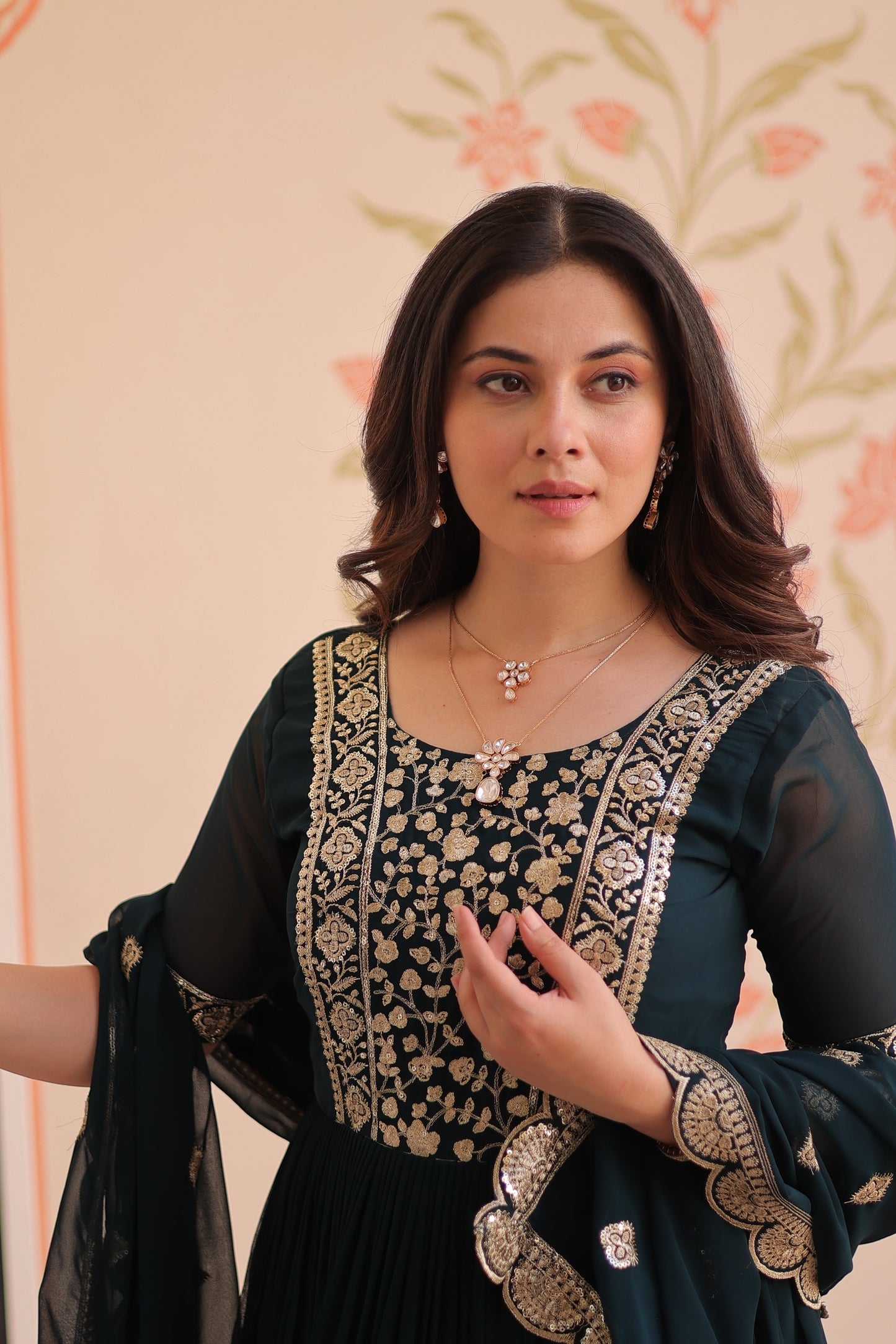 Designer Faux Blooming Gown with Zari & Sequin Work Dupatta | Ready-Made Festive Wear