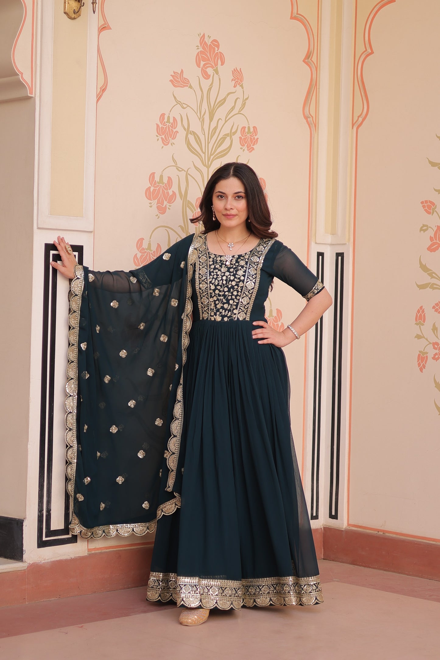 Designer Faux Blooming Gown with Zari & Sequin Work Dupatta | Ready-Made Festive Wear