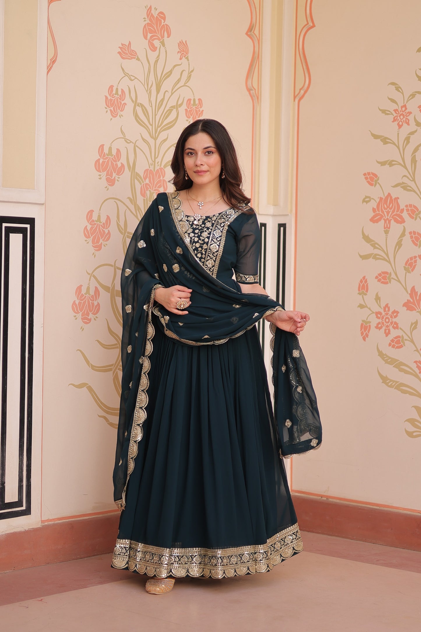 Designer Faux Blooming Gown with Zari & Sequin Work Dupatta | Ready-Made Festive Wear