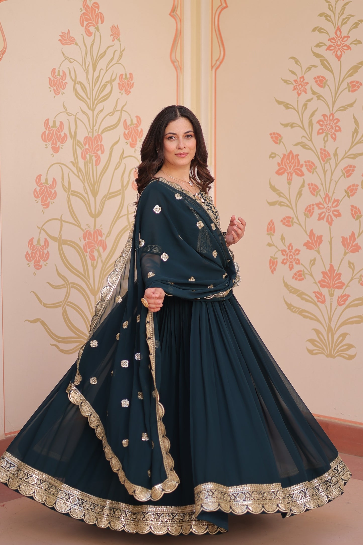 Designer Faux Blooming Gown with Zari & Sequin Work Dupatta | Ready-Made Festive Wear