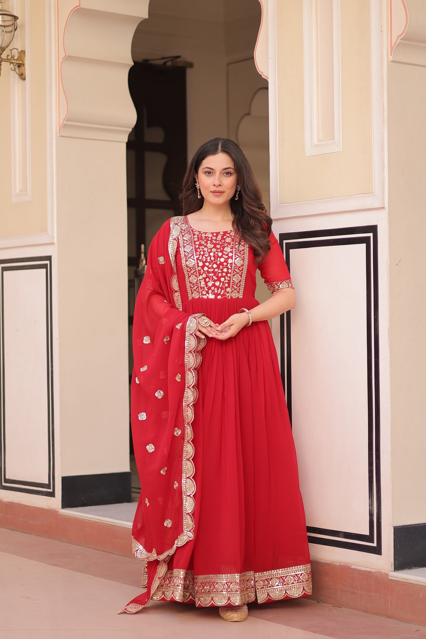 Designer Faux Blooming Gown with Zari & Sequin Work Dupatta | Ready-Made Festive Wear
