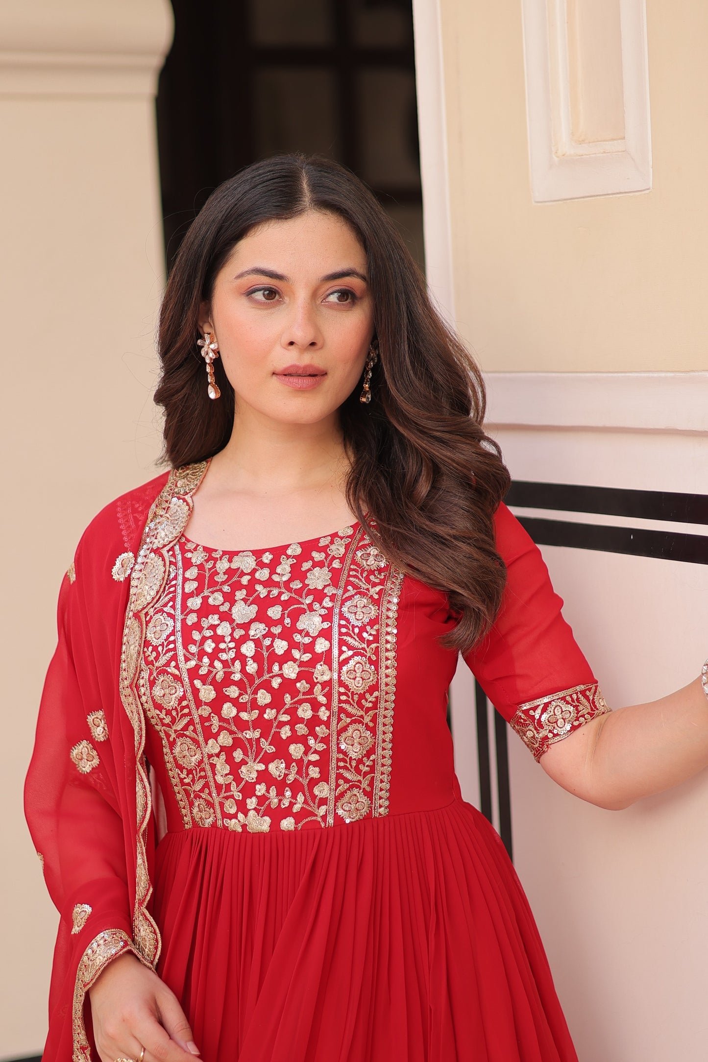 Designer Faux Blooming Gown with Zari & Sequin Work Dupatta | Ready-Made Festive Wear