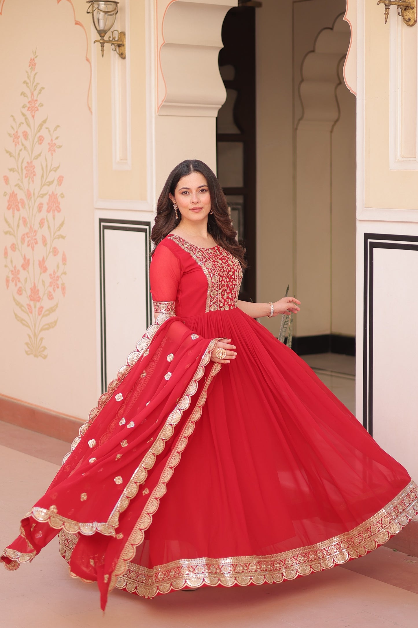 Designer Faux Blooming Gown with Zari & Sequin Work Dupatta | Ready-Made Festive Wear