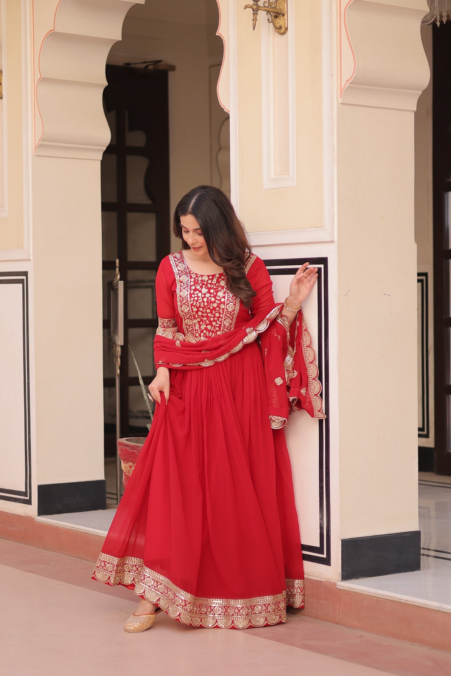 Designer Faux Blooming Gown with Zari & Sequin Work Dupatta | Ready-Made Festive Wear