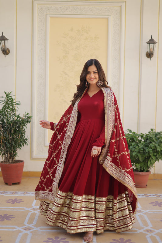 Designer Maroon Faux Blooming Gown with Zari & Sequin Work Dupatta | Ready-Made Party Wear