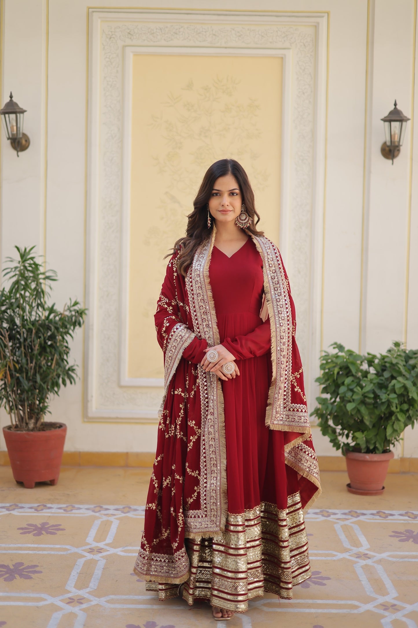 Designer Maroon Faux Blooming Gown with Zari & Sequin Work Dupatta | Ready-Made Party Wear